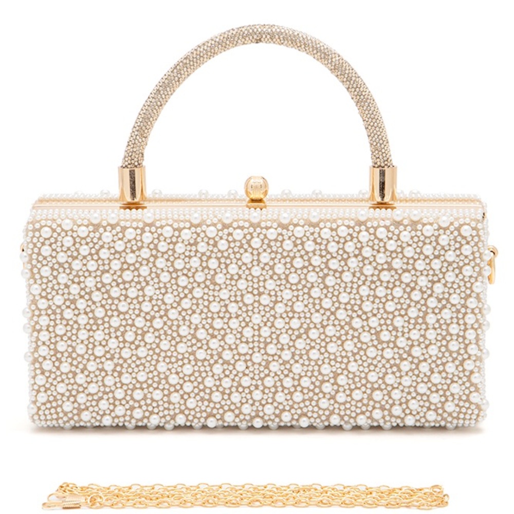 Cream & Gold Pearl Embellished Crystal Handbag